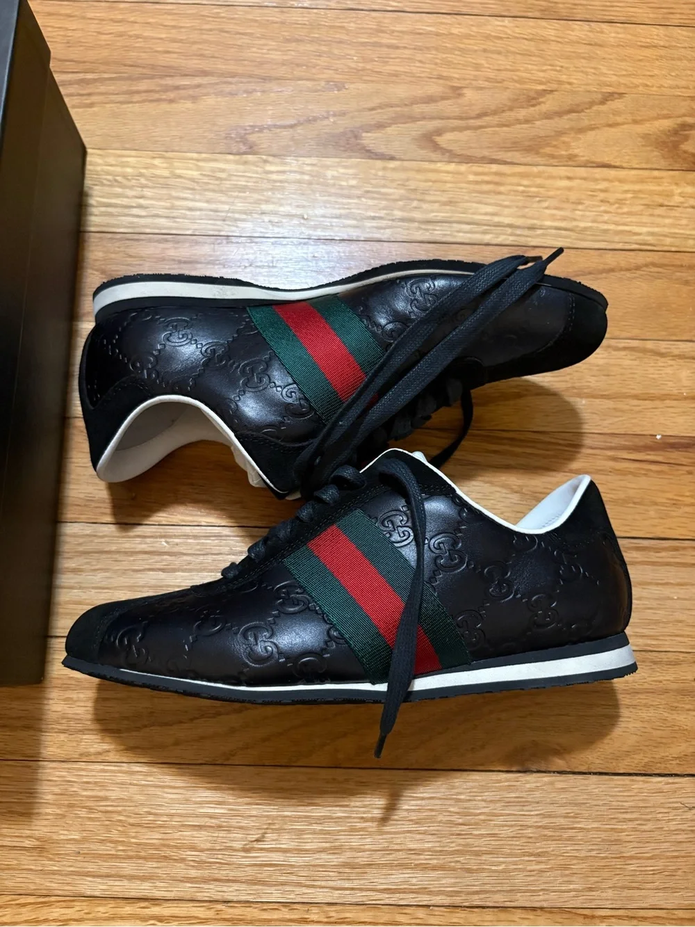 Gucci Black Leather Sneakers with Red and Green Web